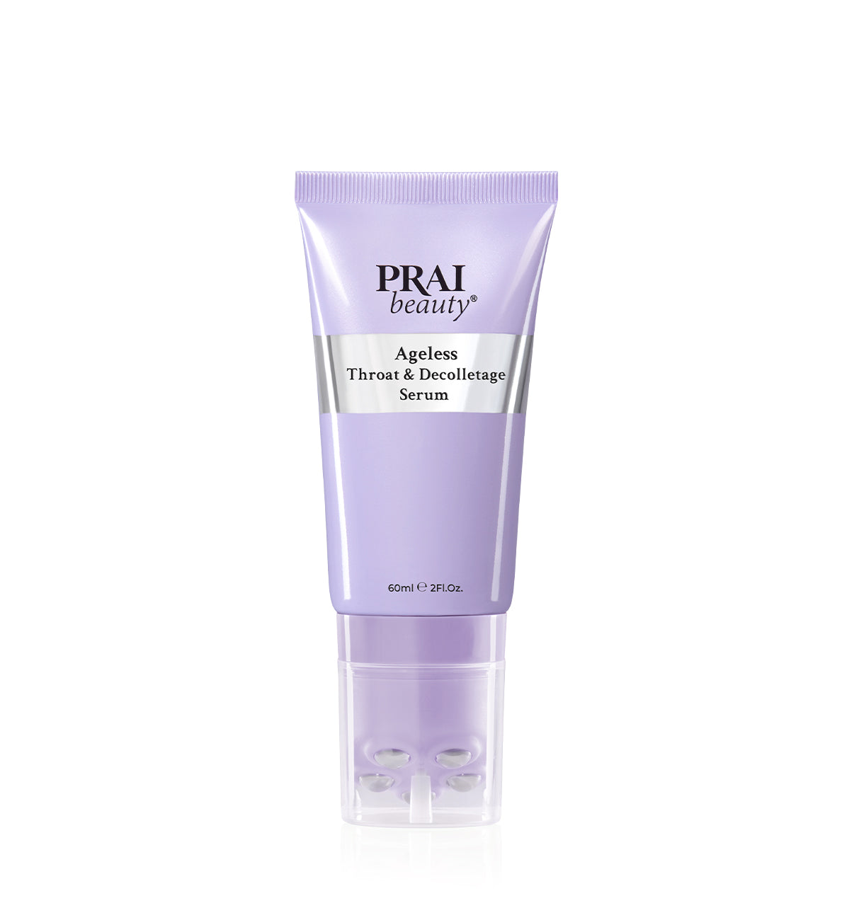 A lavender purple squeeze tube of PRAI beauty Ageless Throat & Decolletage Serum with a clear cap, centered on a white background.